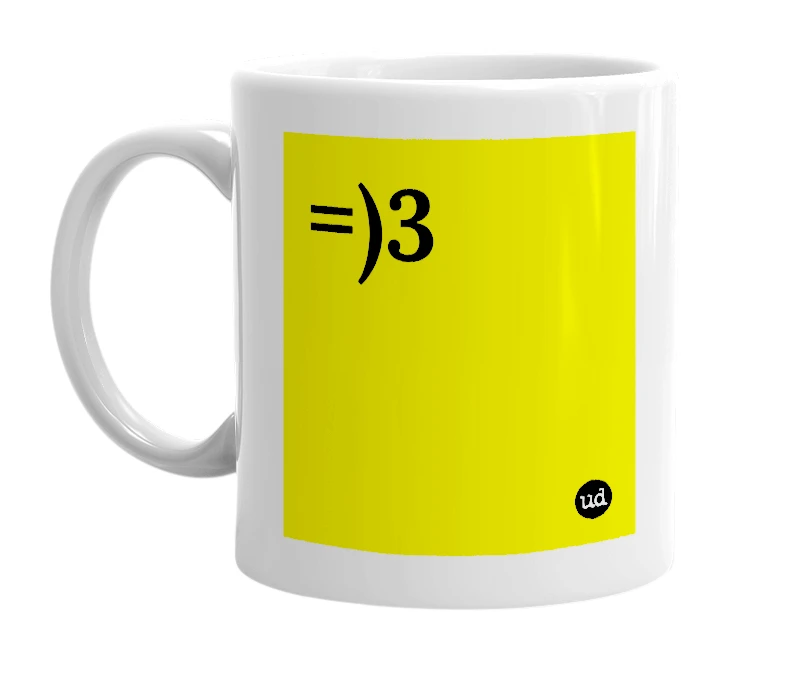 White mug with '=)3' in bold black letters