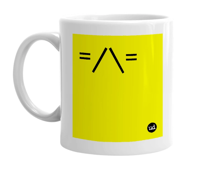 White mug with '=/\=' in bold black letters