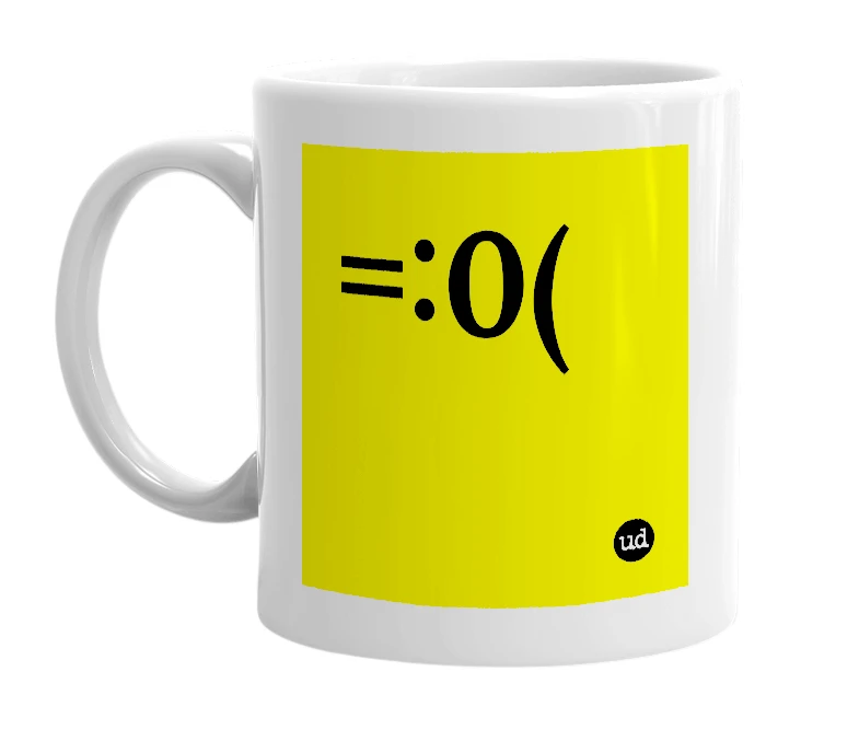 White mug with '=:0(' in bold black letters