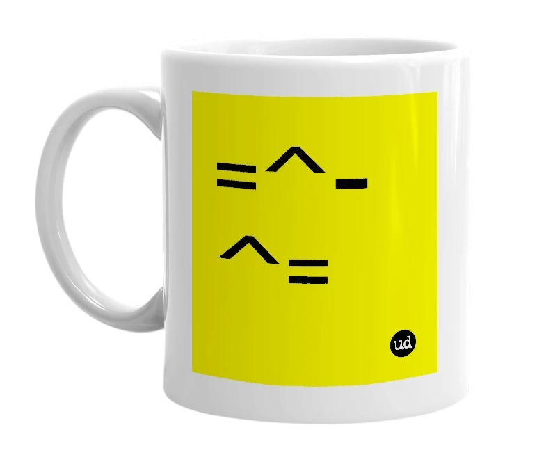 White mug with '=^-^=' in bold black letters