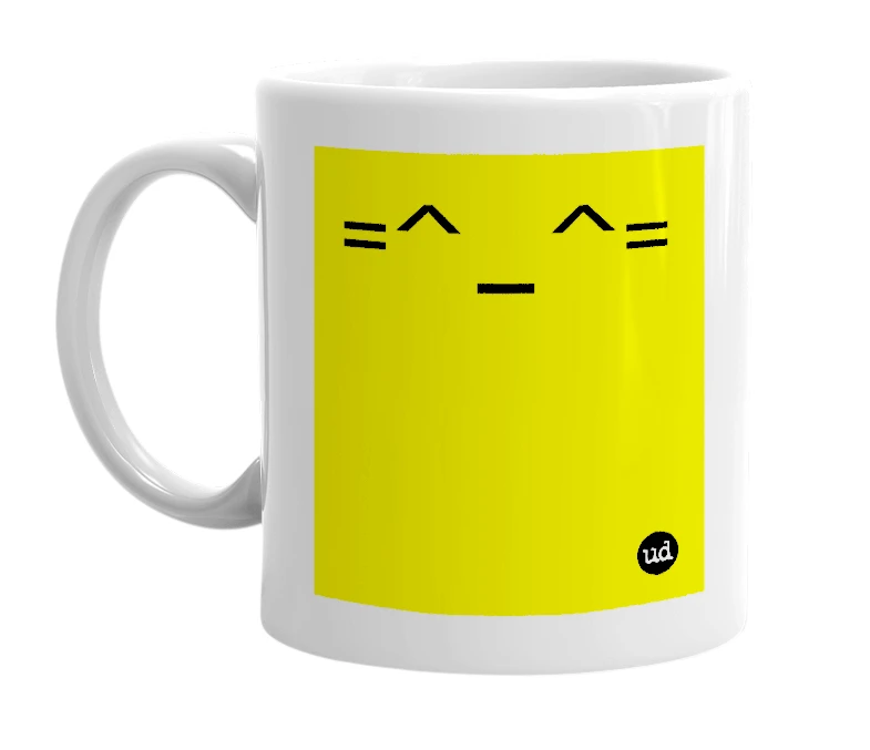 White mug with '=^_^=' in bold black letters