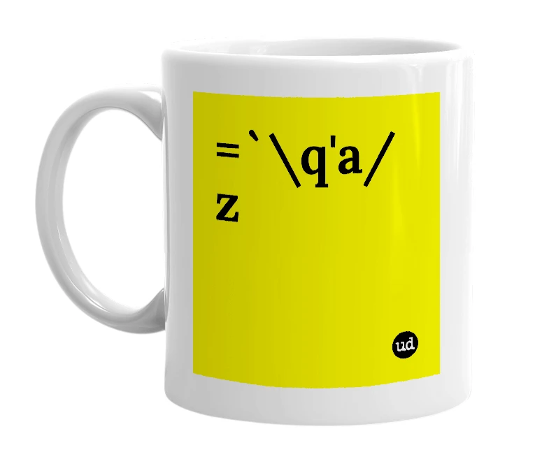 White mug with '=`\q'a/z' in bold black letters