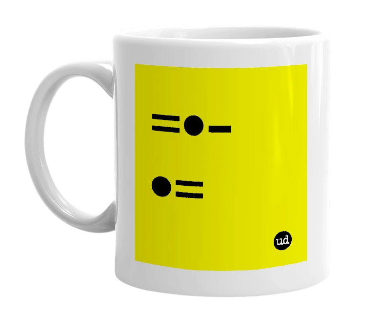 White mug with '=•-•=' in bold black letters