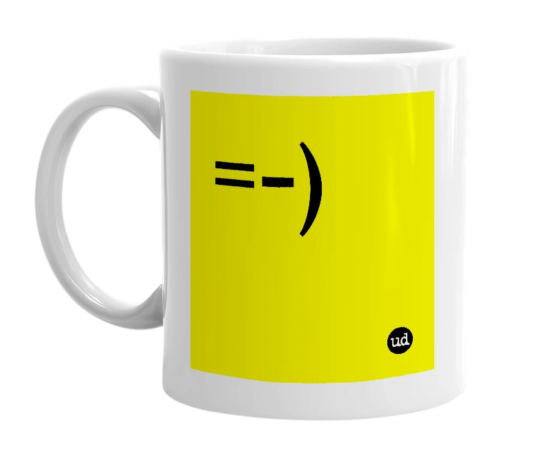 White mug with '=-)' in bold black letters