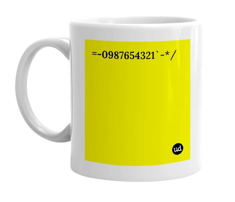 White mug with '=-0987654321`-*/' in bold black letters