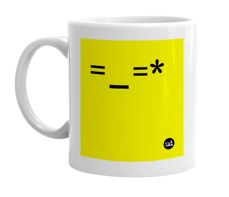 White mug with '=_=*' in bold black letters