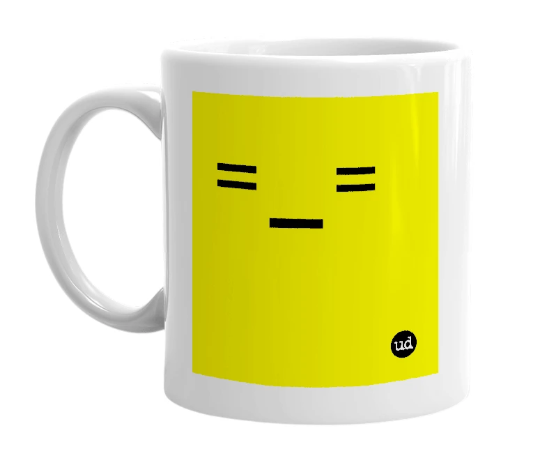White mug with '=_=' in bold black letters