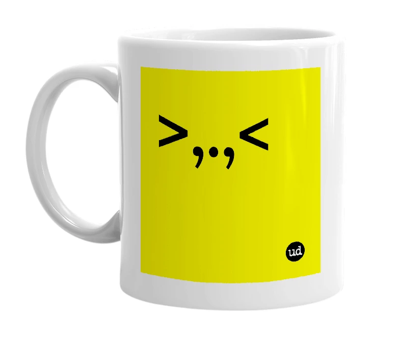 White mug with '>,.,<' in bold black letters