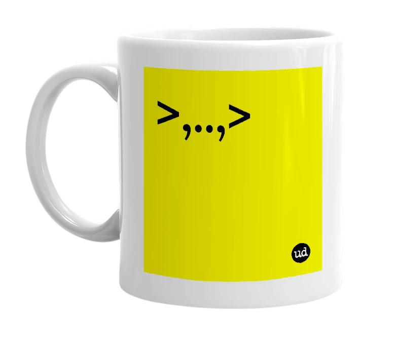 White mug with '>,..,>' in bold black letters