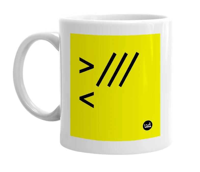 White mug with '>///<' in bold black letters