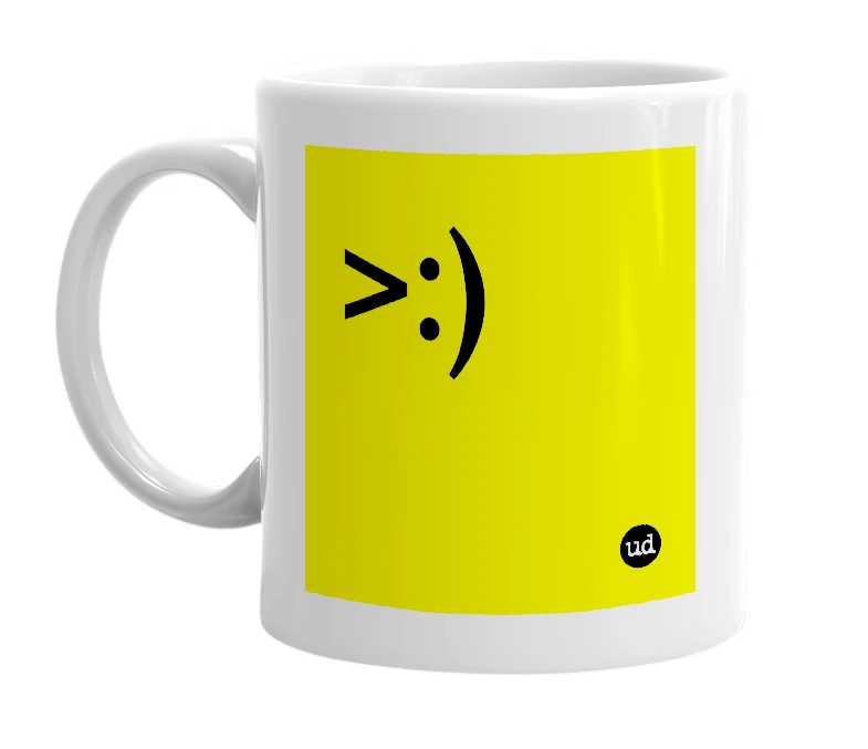 White mug with '>:)' in bold black letters