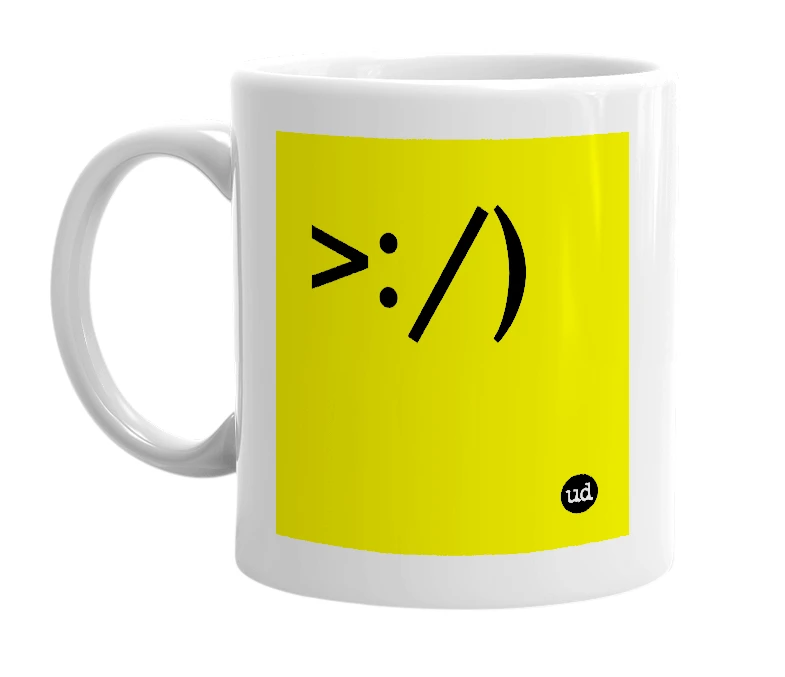 White mug with '>:/)' in bold black letters