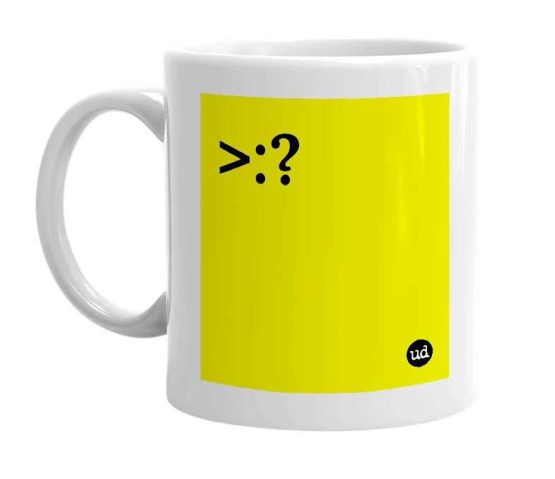 White mug with '>:?' in bold black letters