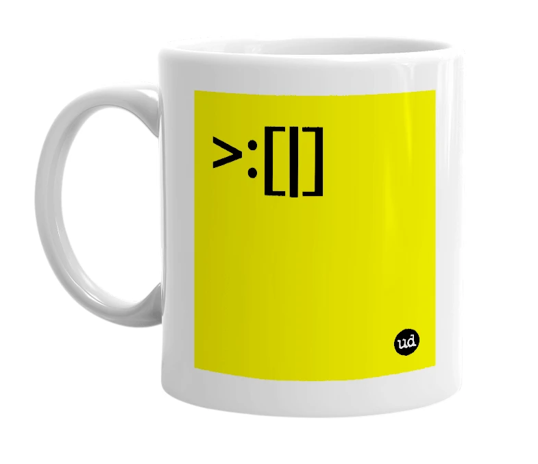 White mug with '>:[|]' in bold black letters