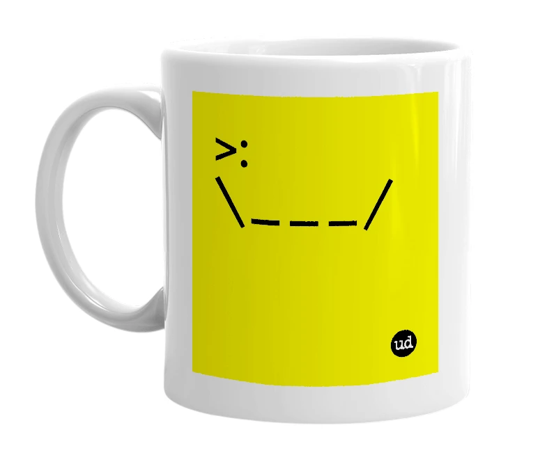 White mug with '>:\___/' in bold black letters