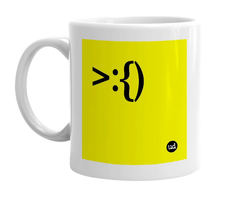 White mug with '>:{)' in bold black letters