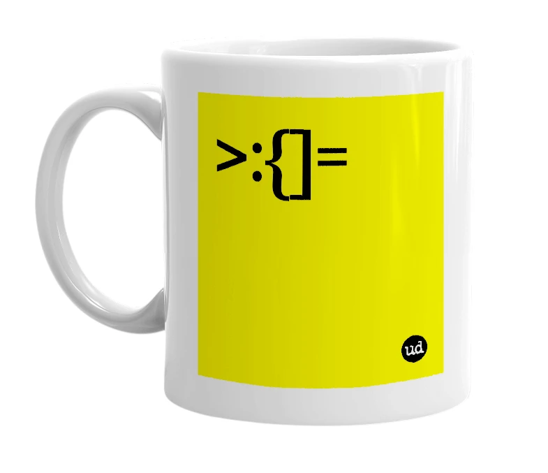 White mug with '>:{]=' in bold black letters