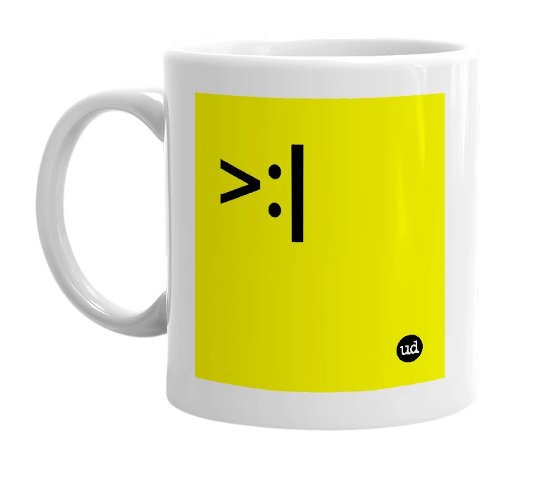 White mug with '>:|' in bold black letters