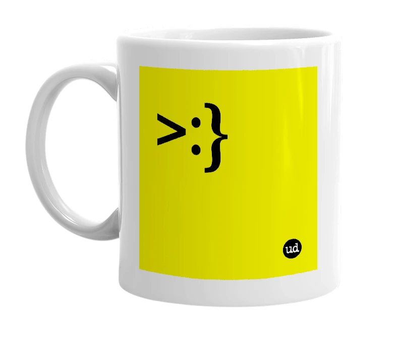 White mug with '>:}' in bold black letters