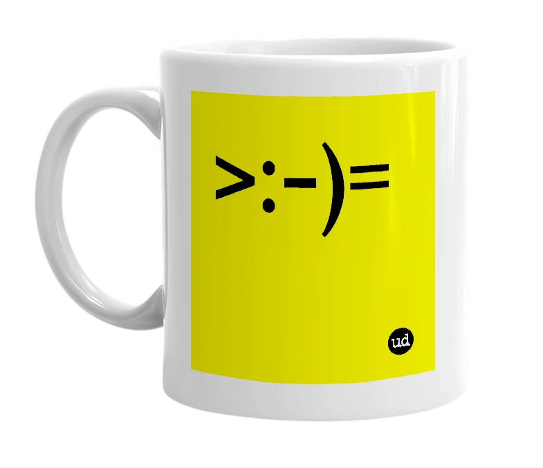 White mug with '>:-)=' in bold black letters