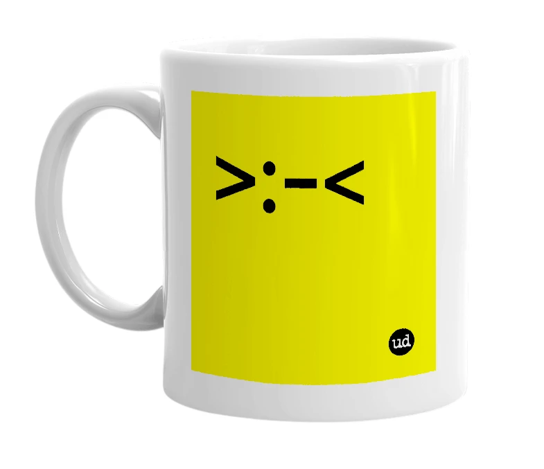 White mug with '>:-<' in bold black letters