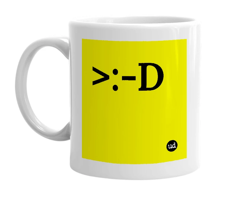 White mug with '>:-D' in bold black letters