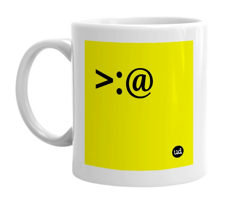 White mug with '>:@' in bold black letters