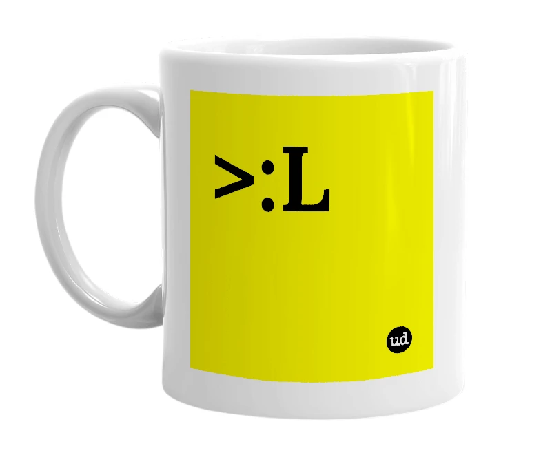 White mug with '>:L' in bold black letters