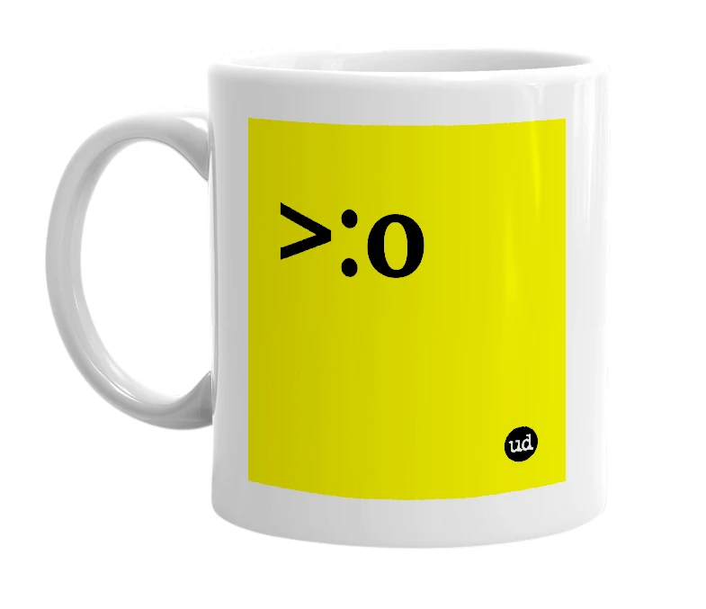 White mug with '>:o' in bold black letters