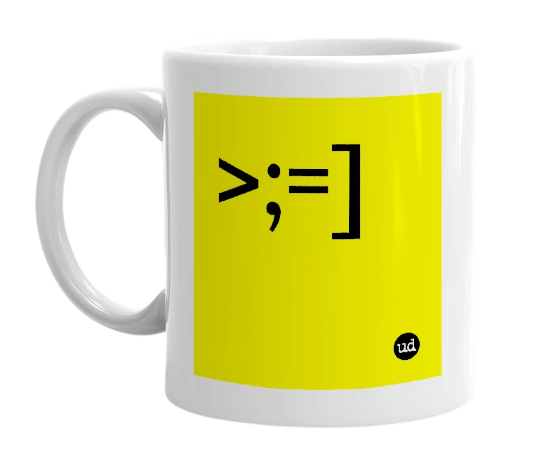 White mug with '>;=]' in bold black letters