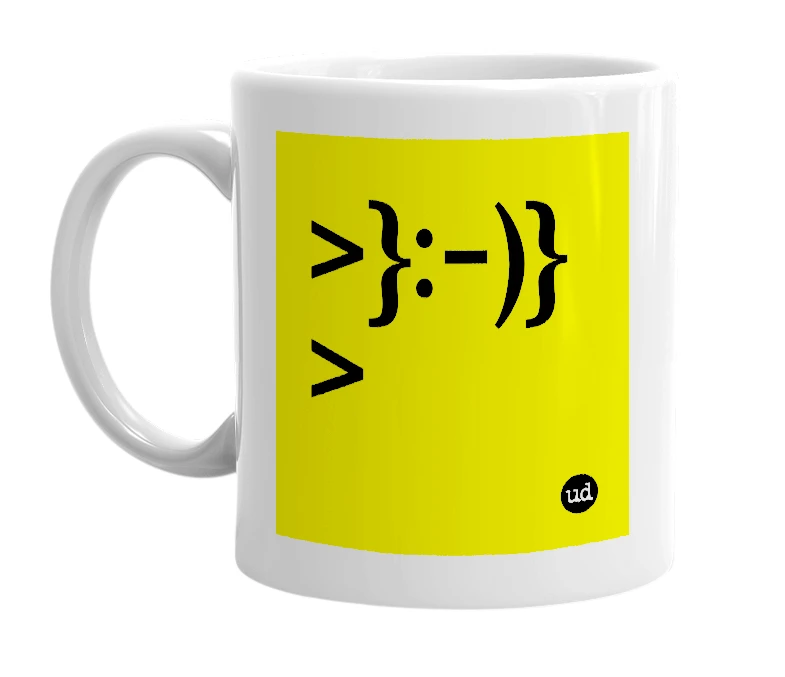 White mug with '>}:-)}>' in bold black letters