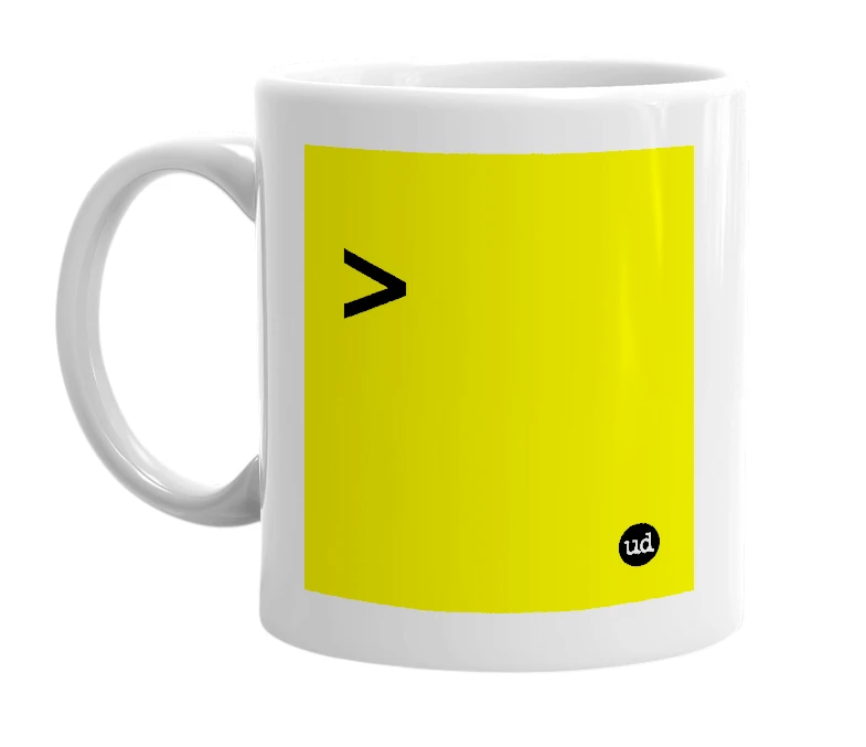 White mug with '>' in bold black letters