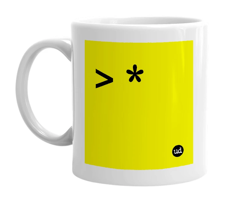 White mug with '> *' in bold black letters