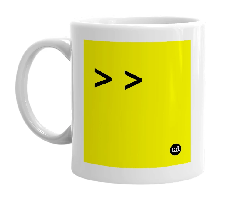 White mug with '> >' in bold black letters