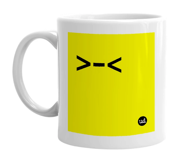 White mug with '>-<' in bold black letters
