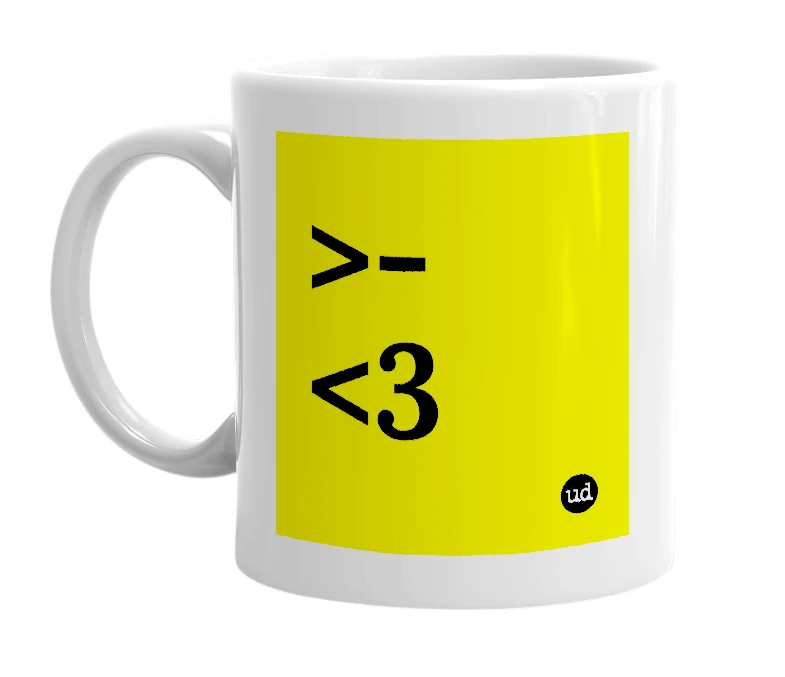 White mug with '>-<3' in bold black letters