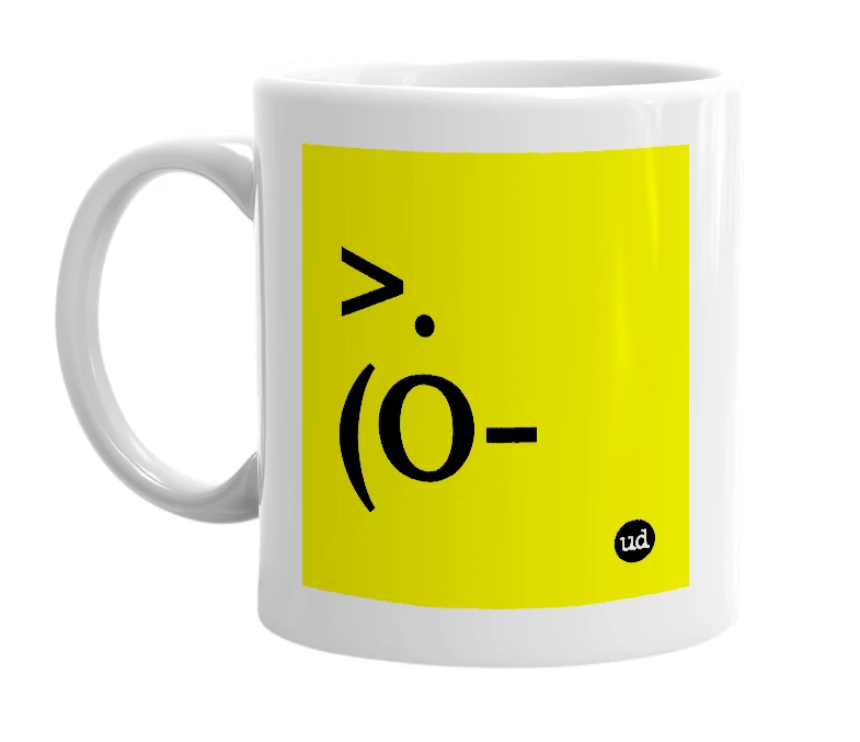 White mug with '>.(O-' in bold black letters