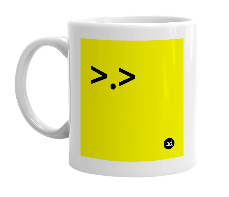White mug with '>.>' in bold black letters