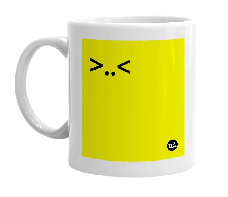 White mug with '>..<' in bold black letters