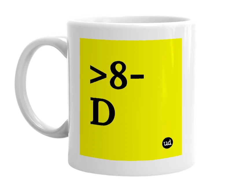 White mug with '>8-D' in bold black letters