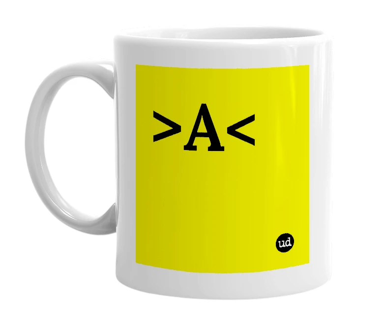 White mug with '>A<' in bold black letters