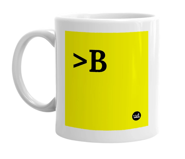 White mug with '>B' in bold black letters