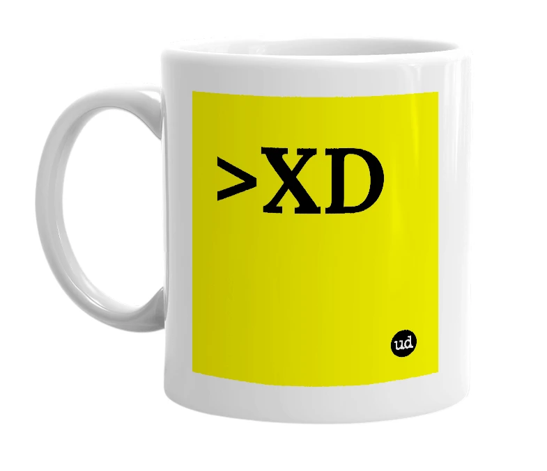 White mug with '>XD' in bold black letters