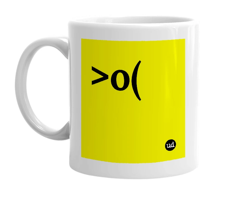 White mug with '>o(' in bold black letters