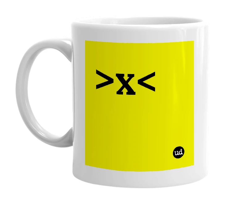 White mug with '>x<' in bold black letters