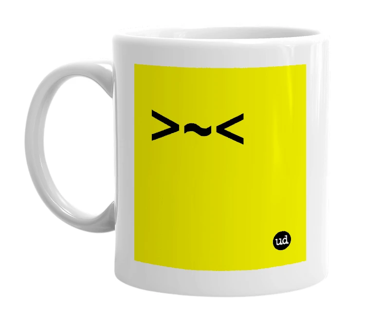 White mug with '>~<' in bold black letters
