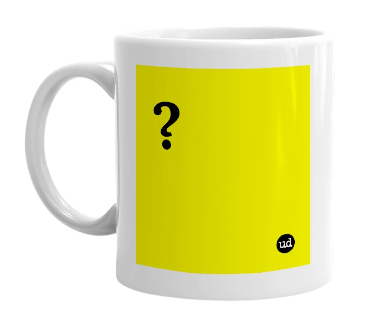 White mug with '?' in bold black letters