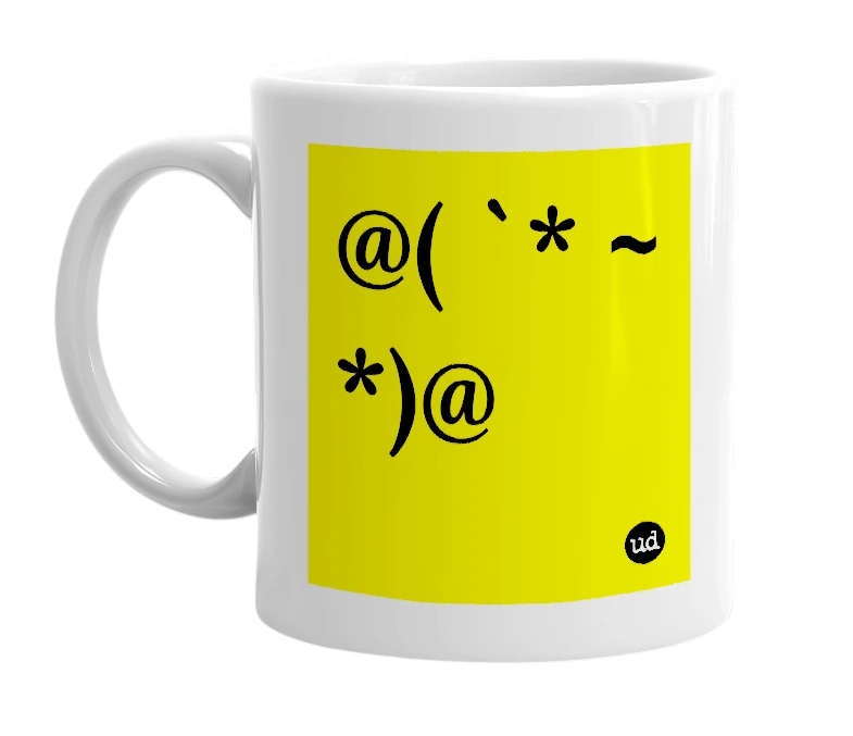 White mug with '@( `* ~ *)@' in bold black letters