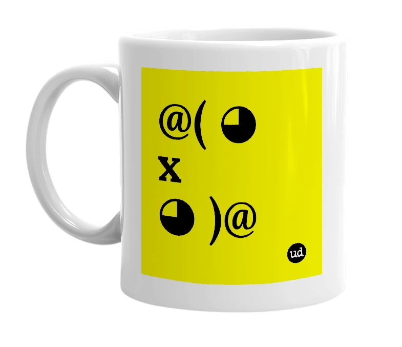 White mug with '@( ◕ x ◕ )@' in bold black letters