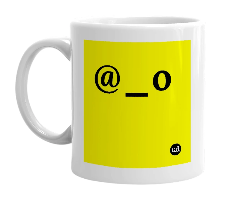 White mug with '@_o' in bold black letters